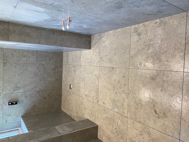 Travertine walk-in wet room shower enclosure